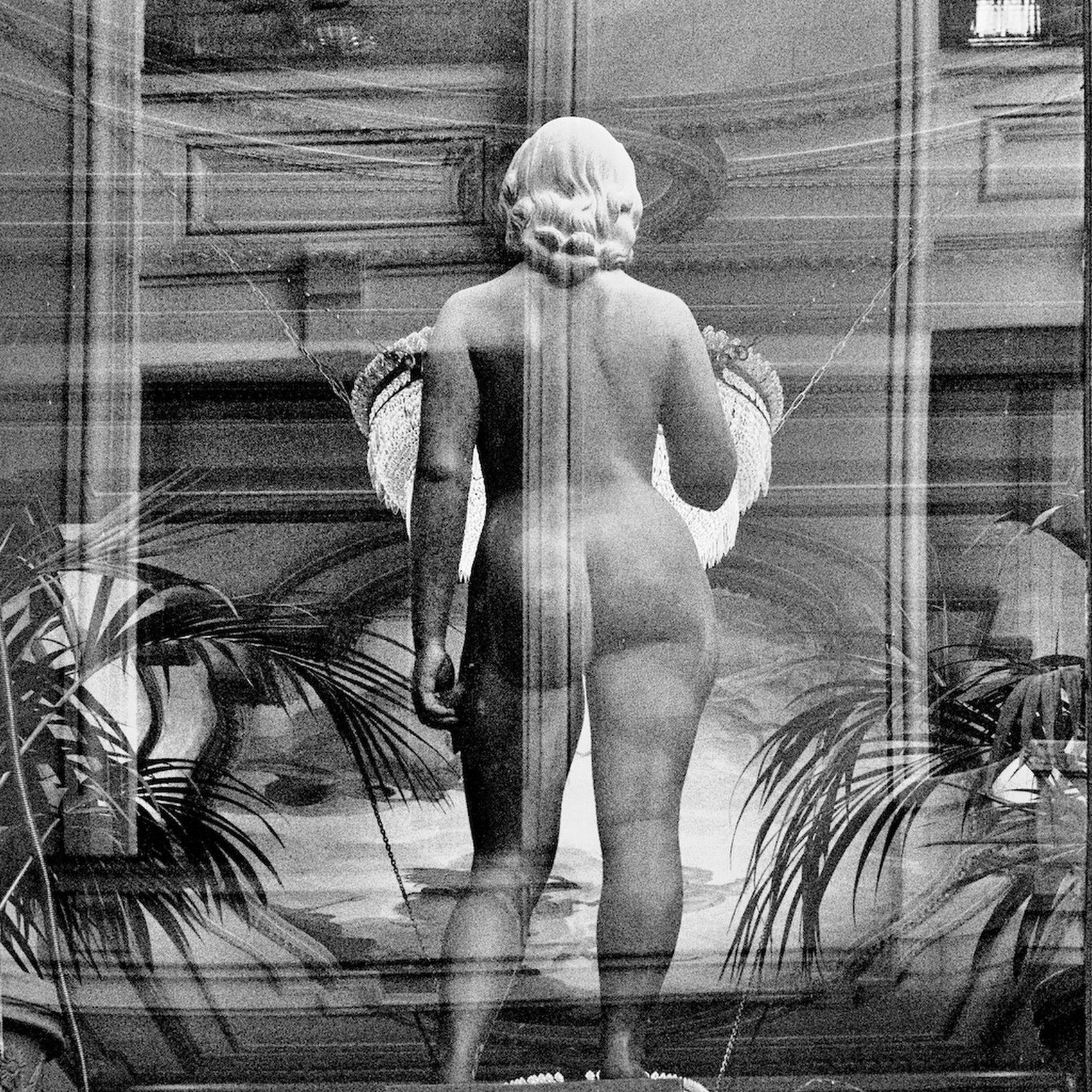 Black and white photograph of a nude figure with white wings standing in an interior space with plants and glass doors