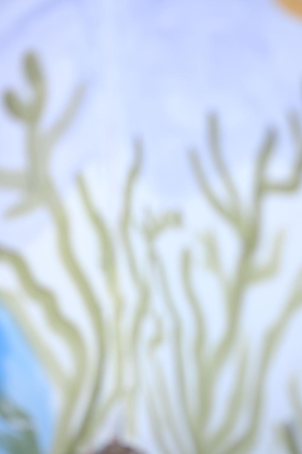 Soft-focus abstract photograph of delicate, pale plant-like forms reaching upward against a blurred blue and white sky background.