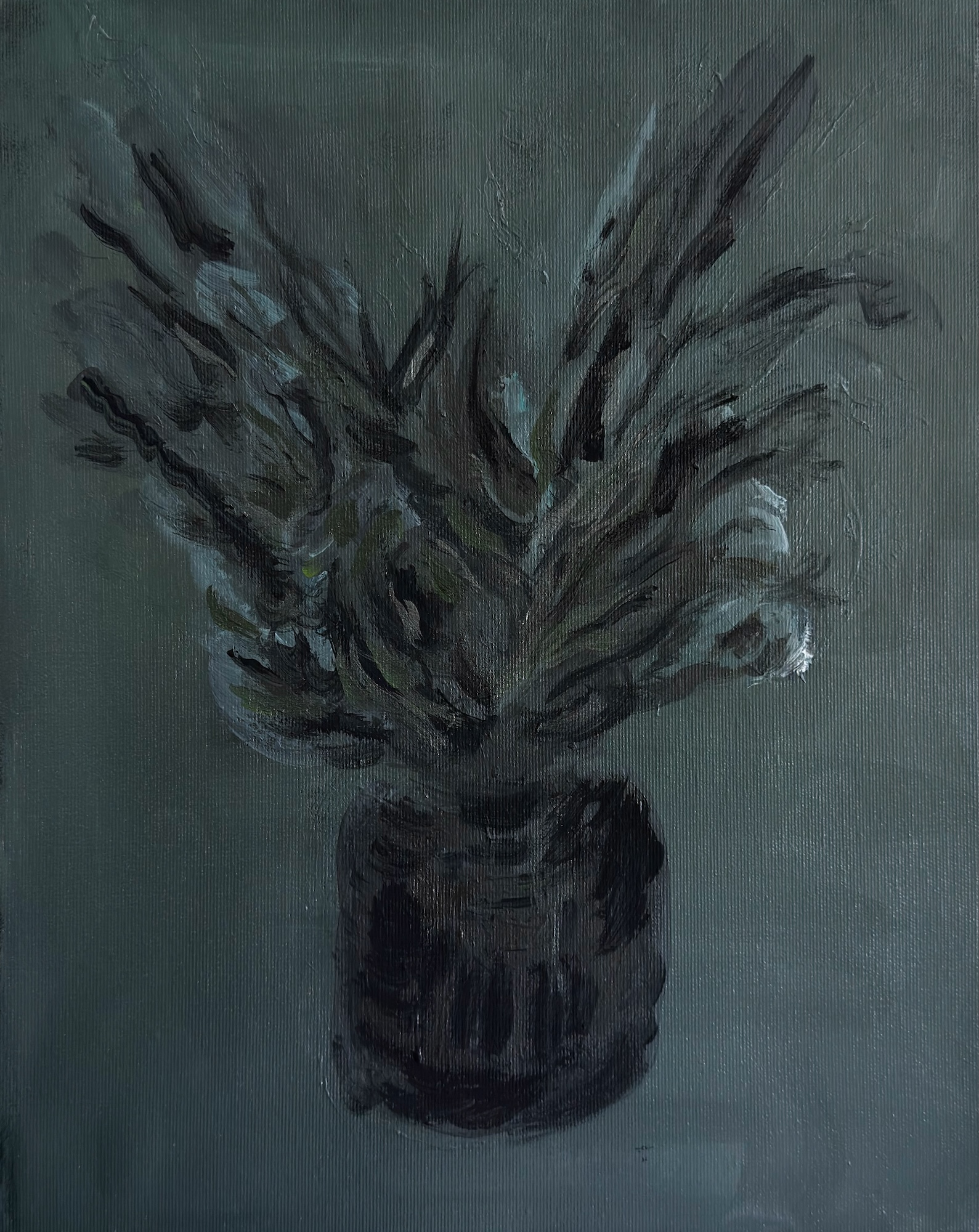 Abstract acrylic painting featuring dark, gestural brushstrokes radiating outward from a central form against a muted teal background.