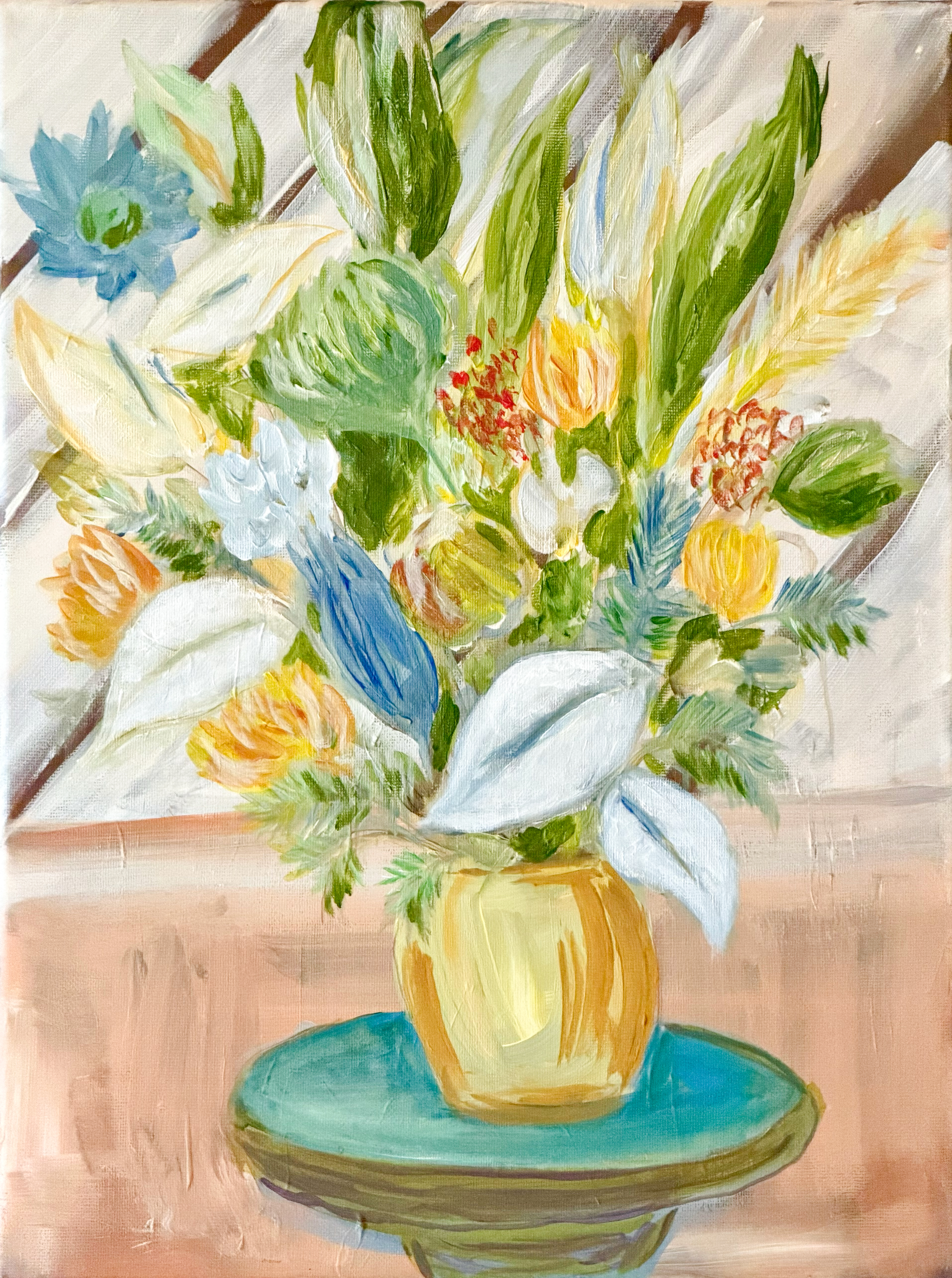 Oil painting of a colorful flower bouquet in a yellow vase on a blue-green pedestal table against a striped background.